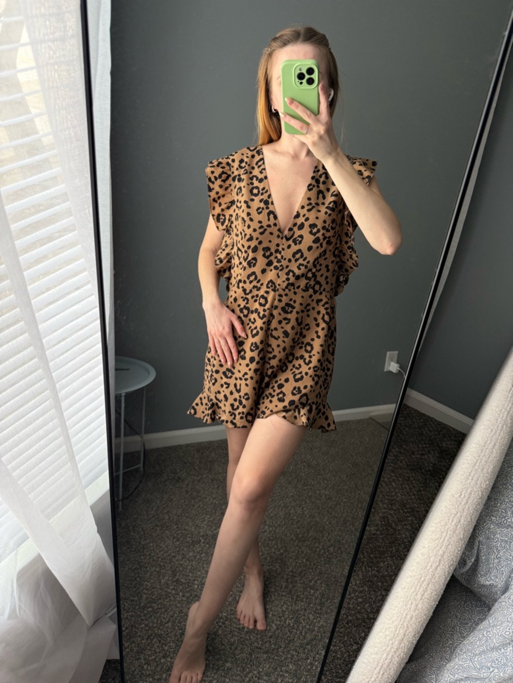 NWOT Lovers + Friends Leopard Romper L Brown Ruffle Sleeve Deep V Playsuit Women